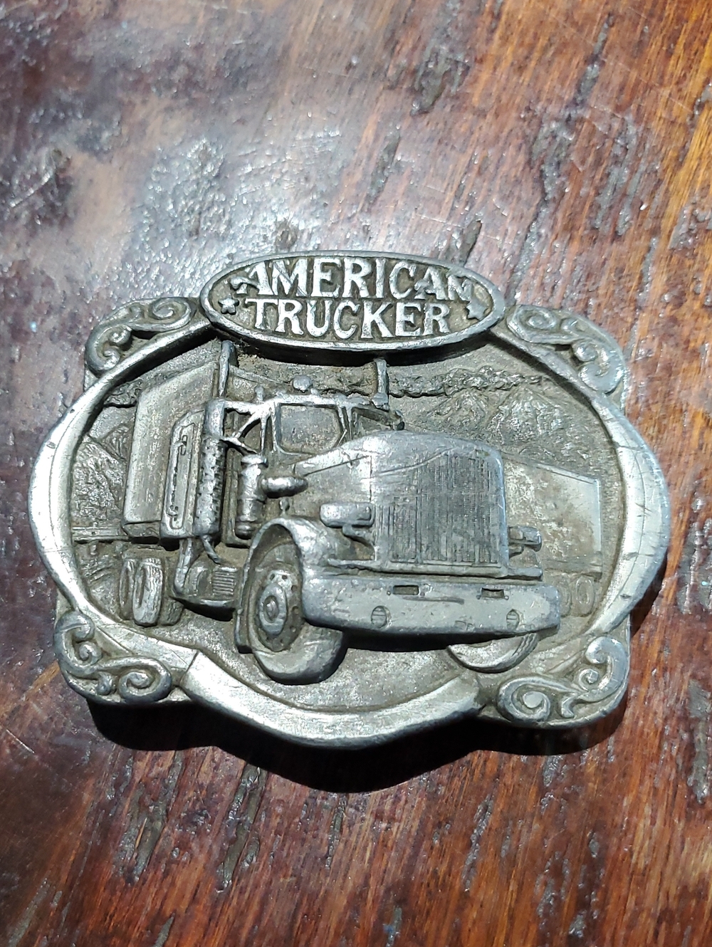 Vintage 1985 American Trucker Belt Buckle - Silver Tone Bergamot Brass Works Vtg